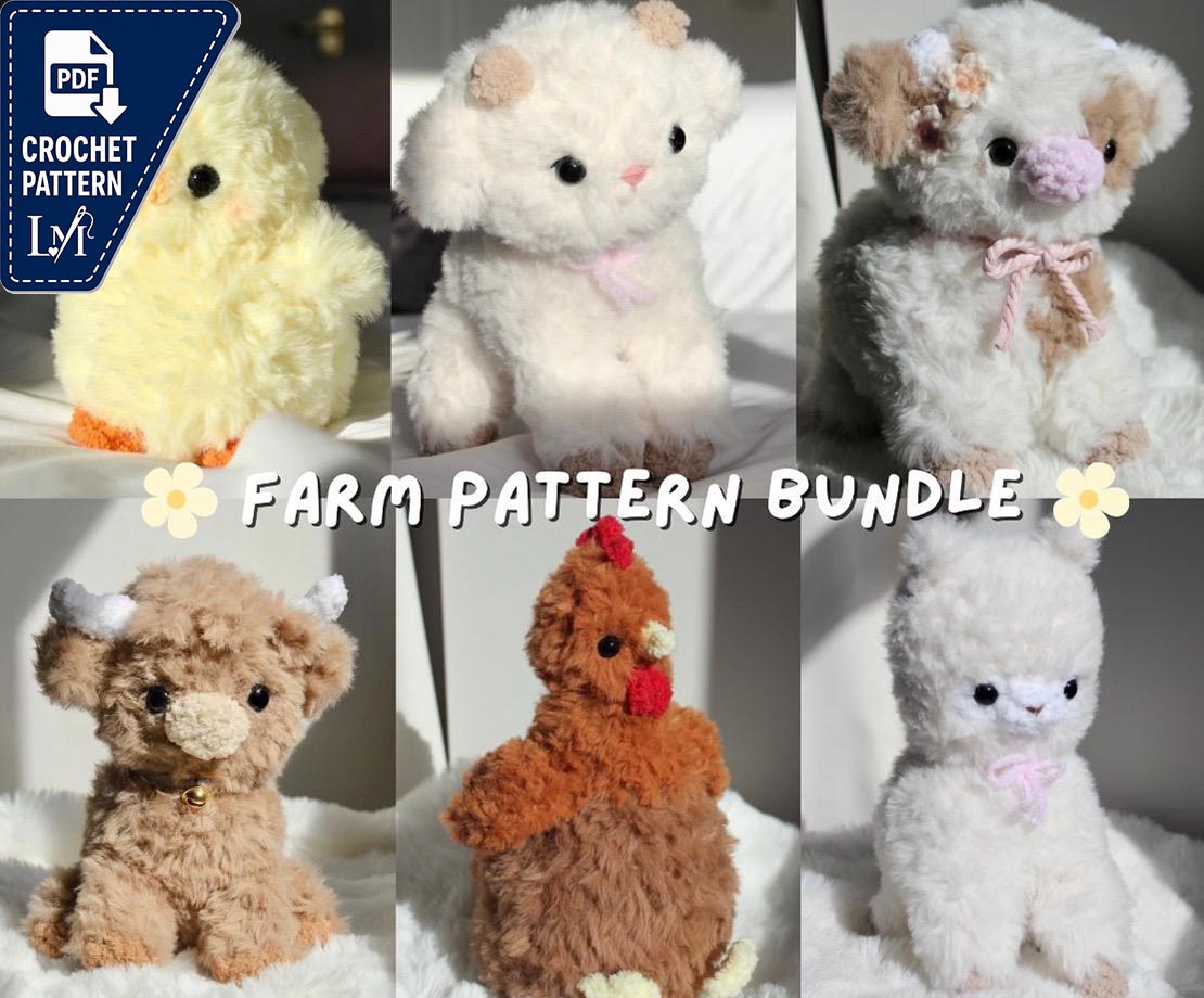 Crochet Farm Animals PDF Pattern Bundle | 6 Patterns : Goat, Chick, Cow, Highland Cow, Alpaca, Rooster Bundle